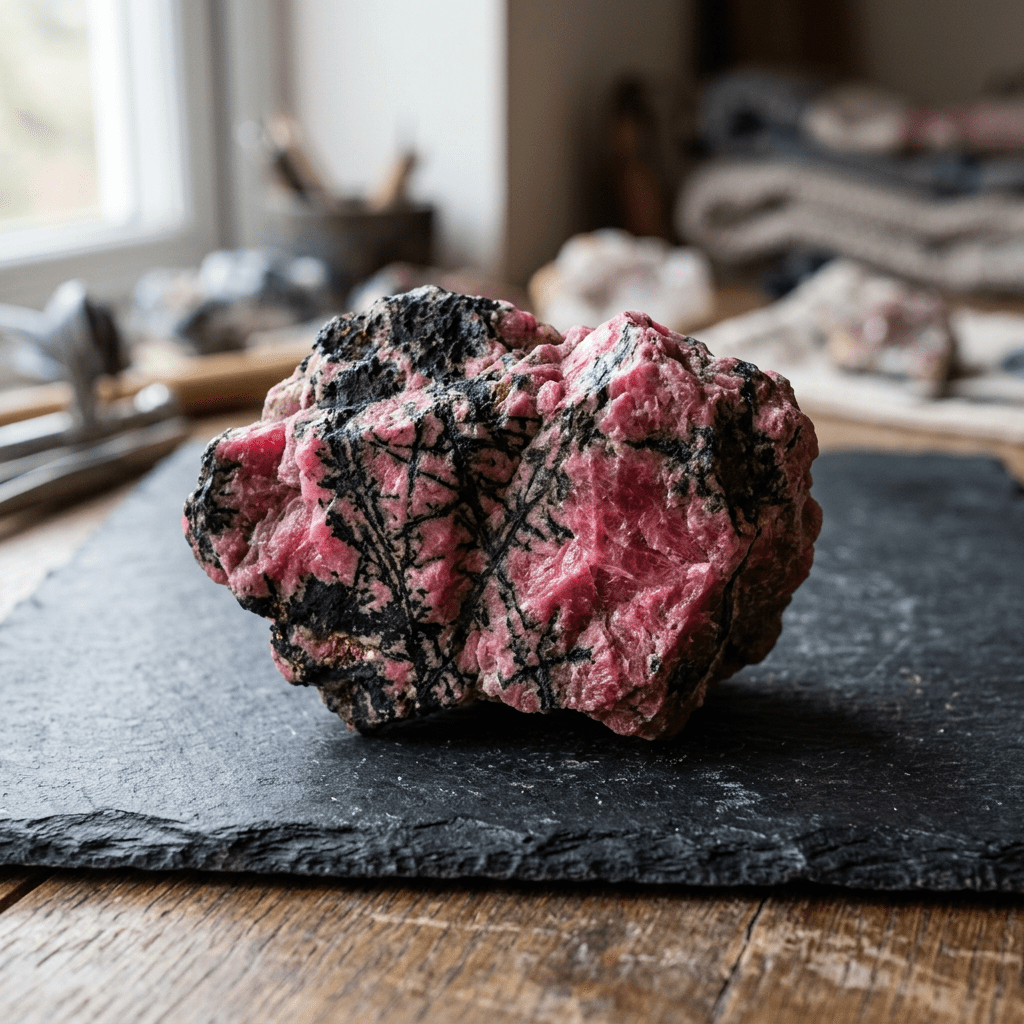 Pink rhodonite mineral with black manganese vein patterns on dark slate surface