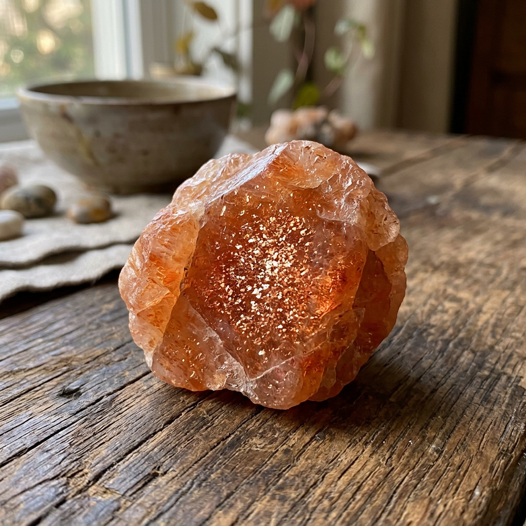Orange sunstone crystal with glittering inclusions on wooden surface