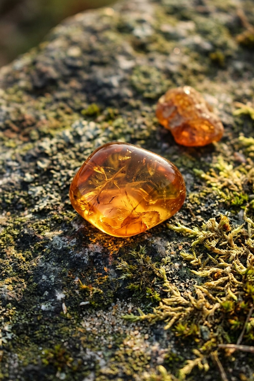 Polished amber stones with insect inclusions on mossy rock surface