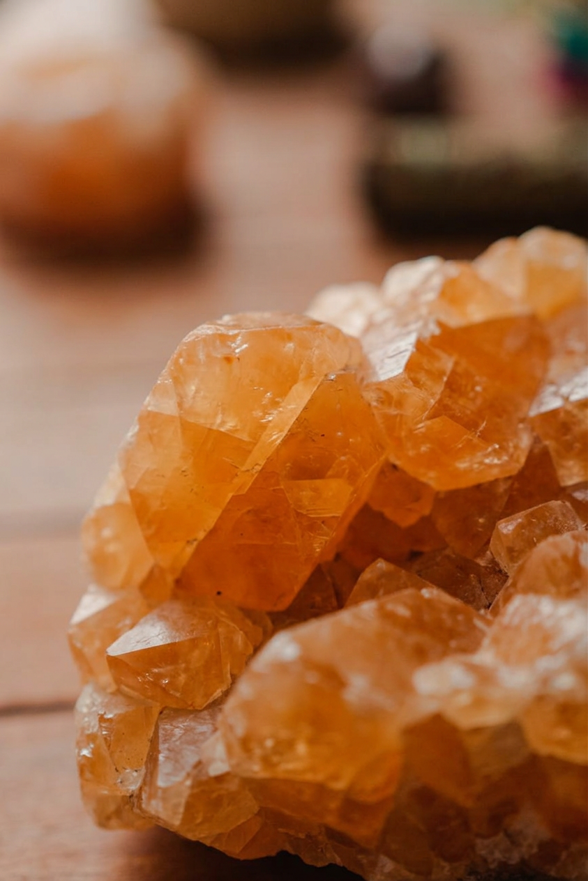 Orange crystalline mineral cluster with translucent facets