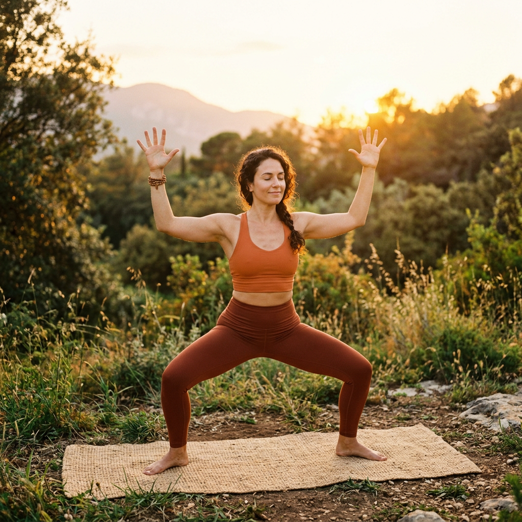 Woman in rust-colored workout clothes doing yoga pose on mat outdoors at sunset